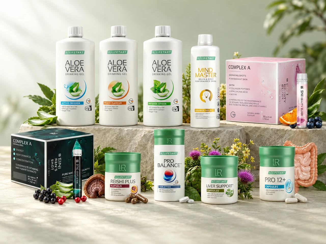 Produktová kompozice deseti produktů LR z nabídky ABO a metabolické kúry
