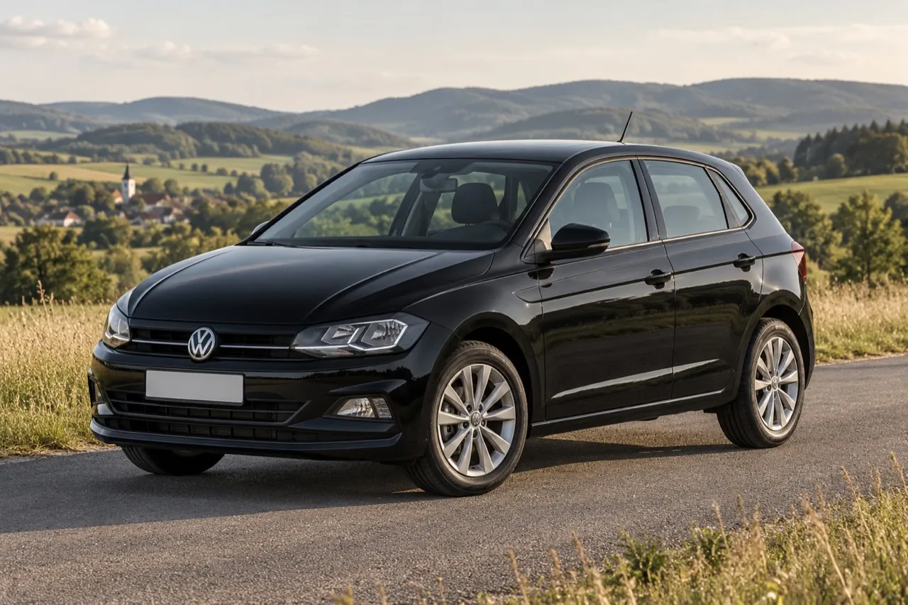 Ilustrační černý Volkswagen Polo na venkovské cestě