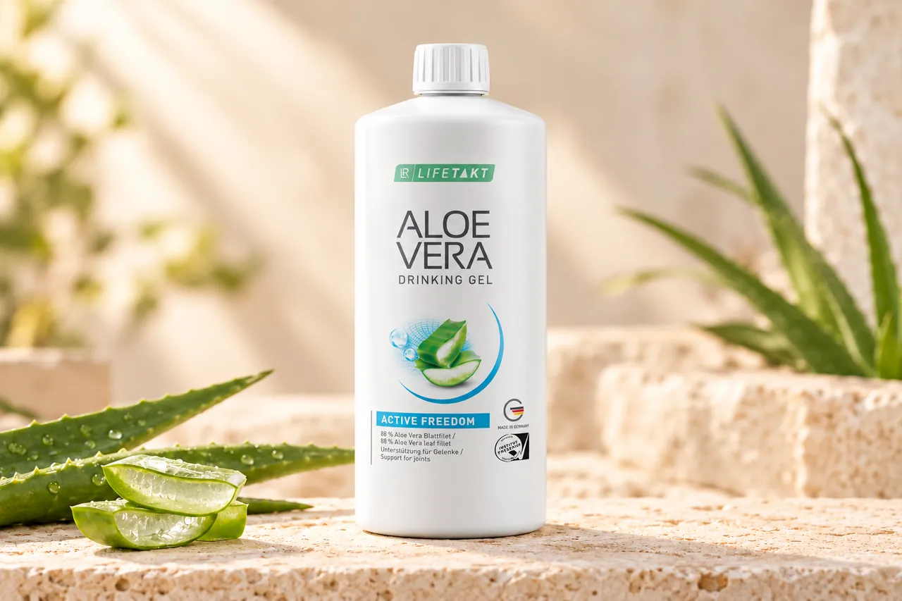 Aloe Vera Drinking Gel Active Freedom v ilustrační produktové fotografii