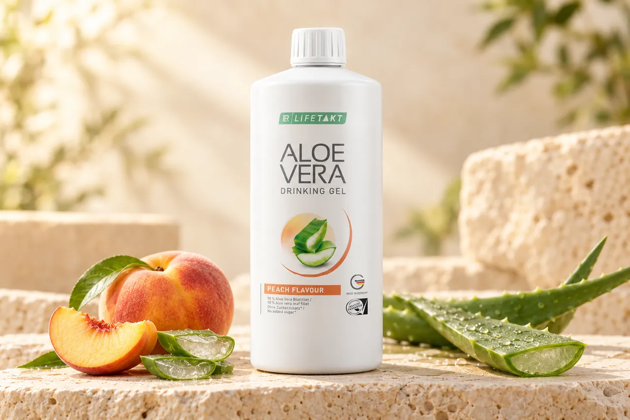 Aloe Vera Drinking Gel Broskev v ilustrační produktové fotografii