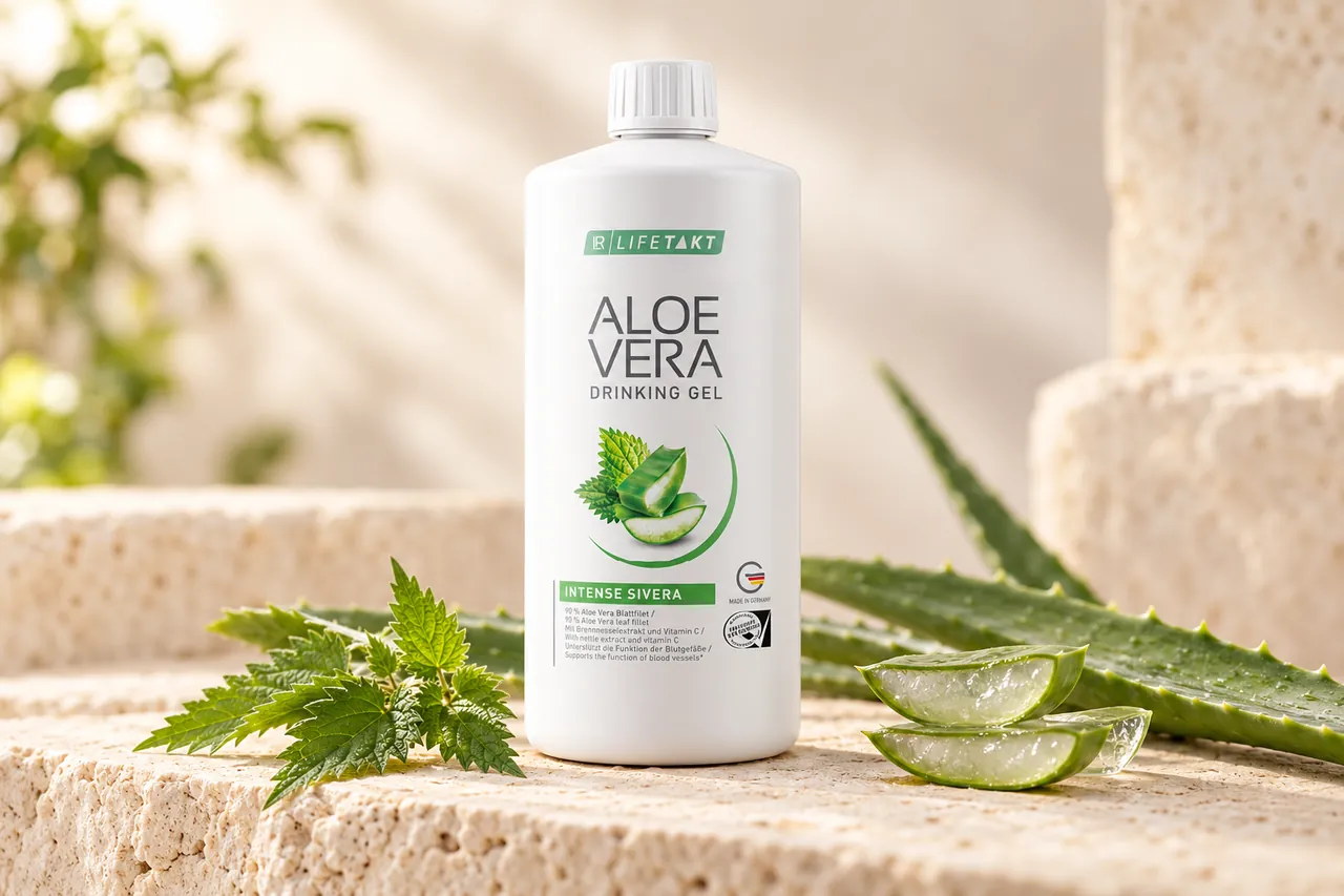 Aloe Vera Drinking Gel Intense Sivera v ilustrační produktové fotografii